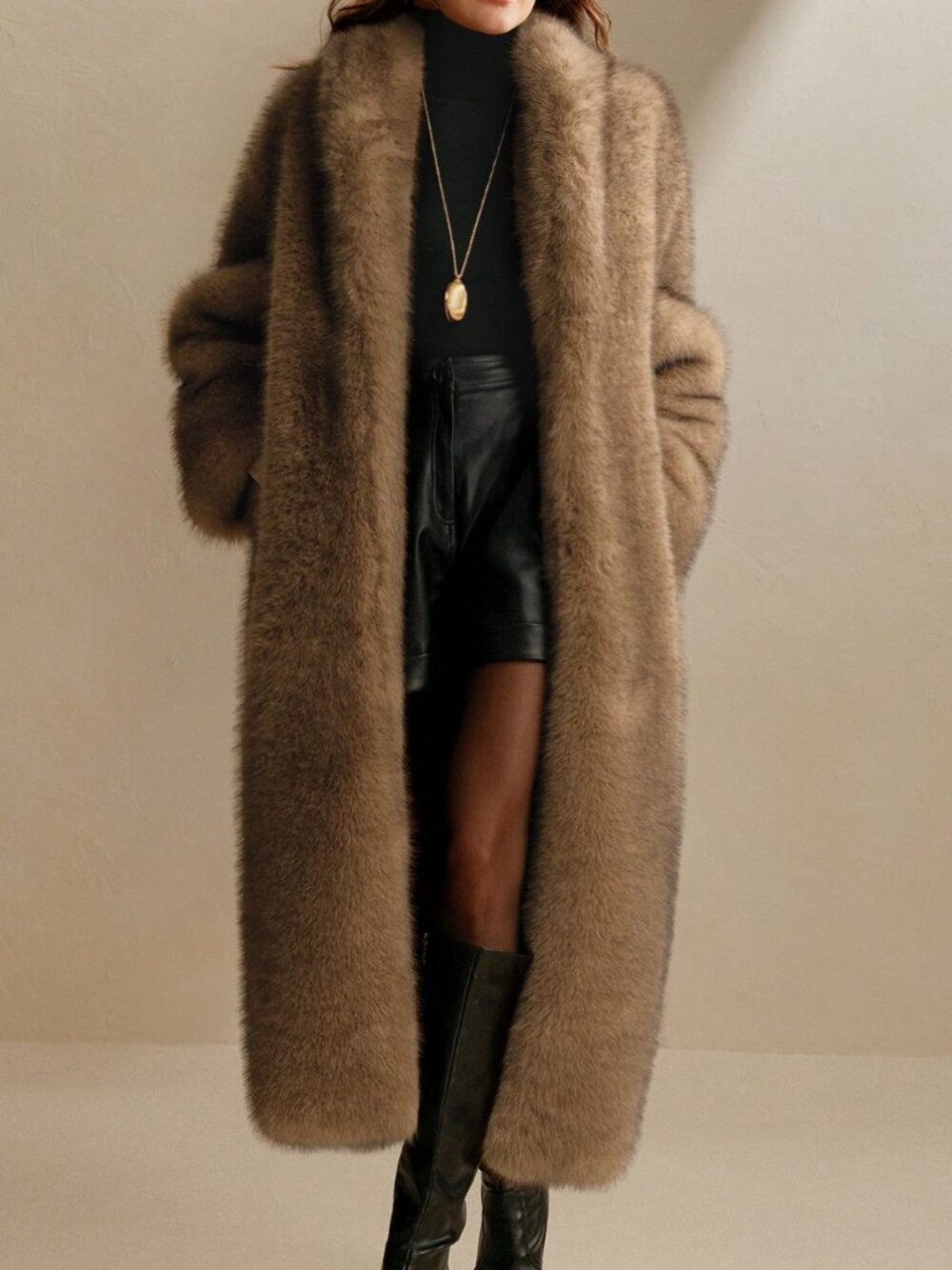 Brown Casual Women's Faux Fox-Fur Collar Long Coat